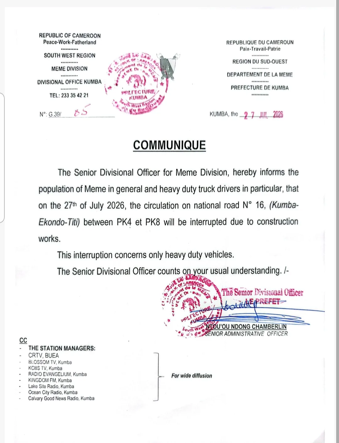 Prefectoral order suspending circulation of heavy duty trucks on potion of Kumba-Ekondo Titi road by Meme SDO